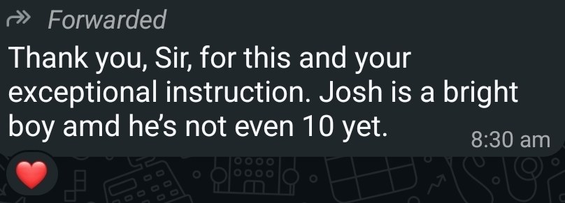 Parent message thanking the coach for exceptional chess instruction