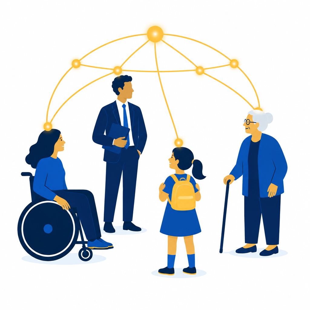 A connected, inclusive community of diverse people joined by golden lines