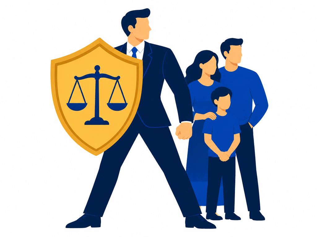 A lawyer holding a protective shield in front of a family