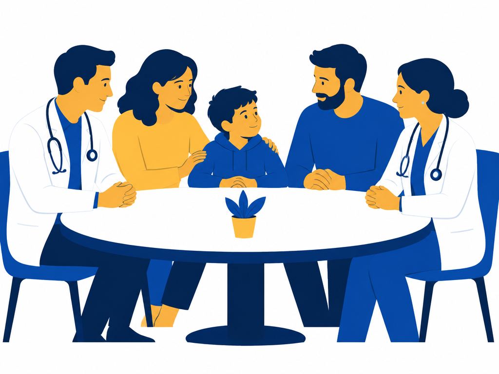 Doctors and parents sitting together at a table with a child
