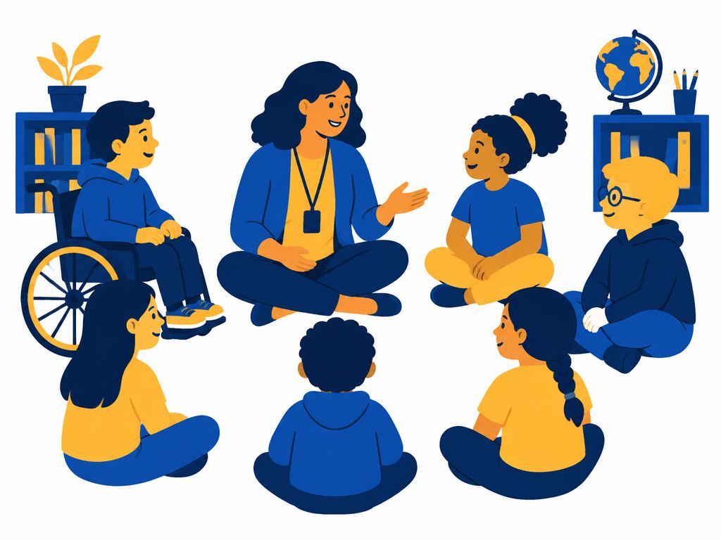 A teacher and students, including a child in a wheelchair, sitting in an inclusive circle