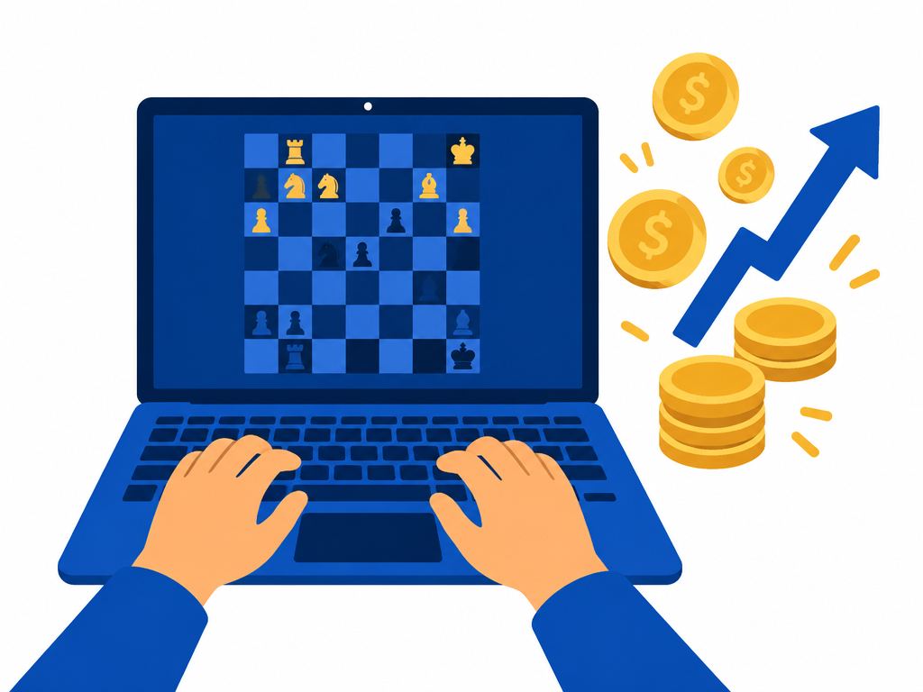 A laptop showing a chessboard with coins and a rising arrow beside it
